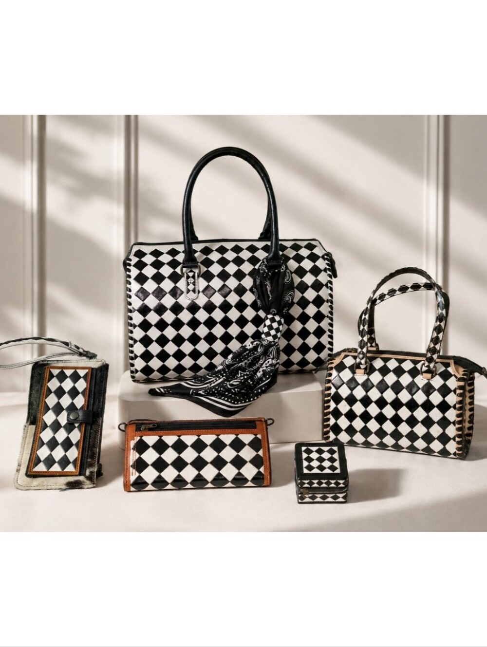 Brand New - Large Black & White Diamond Speedy Bag w/Scarf and Crossbody Strap